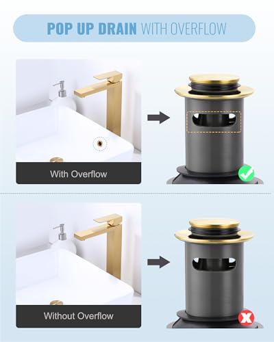 Bathroom Sink Drain with Overflow Vessel Sink Stopper, Pop Up Drain for Bathroom Sink Pop Up Drain Stopper for Hair Catcher, Brushed Gold