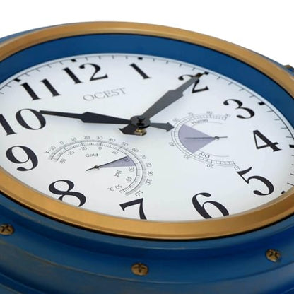 16 Inch Waterproof Outdoor Wall Clock, Thermometer Hygrometer | Silent non-ticking movement, battery powered, blue easy-read dial for patio, porch, garden, kitchen, and home decor