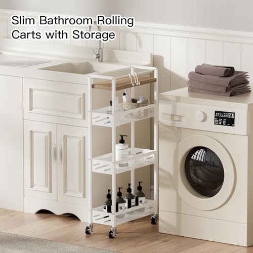 DGSNADGO Slim Rolling Storage Cart, 4-Tier Narrow Kitchen Cart with Wheels | Metal Mobile Snack Shelving, Skinny Rolling Spice Rack for Small Space in Kitchen, Living Room, Bathroom, Beige and White