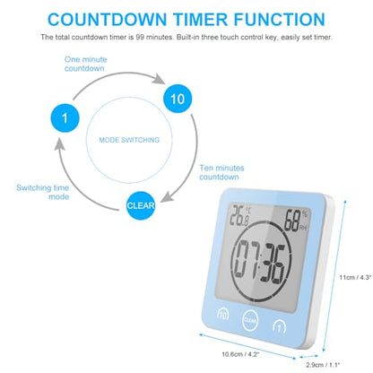 Bathroom Shower Wall Clock Timer Waterproof , Shower Clock with Suction | LCD Digital Touch Screen, 99Mins Countdown Timer, Temperature Humidity Gauge, Visual Timer Hanging Wall Clock, Blue