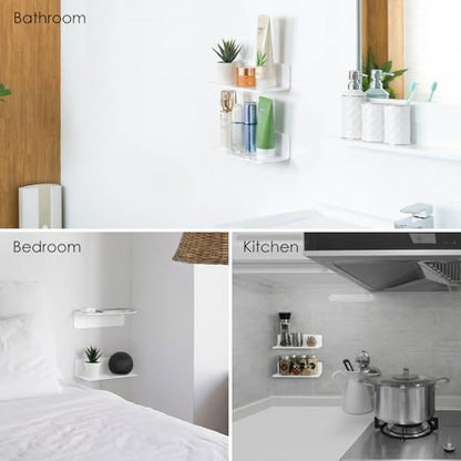 OAPRIRE Acrylic Floating Wall Shelves White, No Drill, 9 Inch 2 Pack | Strong Tape Adhesive Wall Shelf, Easy Installation, Hole Design with Cable Clips, Small Spaces Bedroom Bathroom Living Room