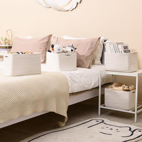 Storage Baskets for Organizing 12.5"x9.1"x7.9" (4 Packs) Off White | Storage Bin for Shelves, Woven Cotton Rope Basket with Handles for Bedroom Living Room Nursery Bathroom