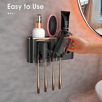 iHave Toothbrush Holders for Bathrooms Wall Mounted with Dispenser & 2 Cups | 6 Slots Wall Mount Toothbrush Holders for Bathrooms with Squeeze Toothpaste Dispenser, 2 Cups & 2 Compartments Organizer