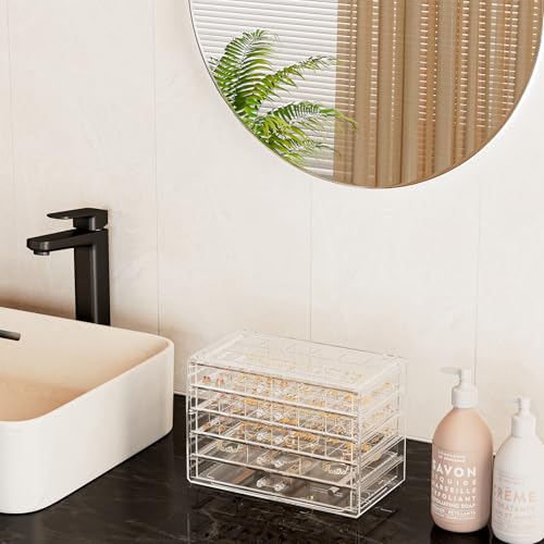 ProCase Acrylic Earrings Holder Organizer Box -Clear, 5 Layers | 79 Jewelry Storage Grid Large Clear Compartments Transparent Stackable Drawers Jewelry Display for Earring Ring Bracelet