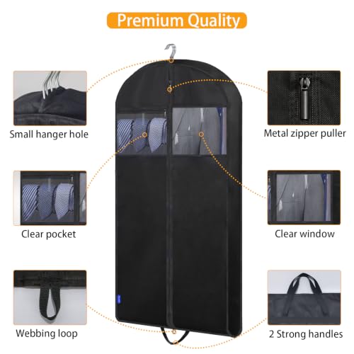 45" Suit Bags for Closet Storage and Travel, Gusseted Garment Bags with Large Back Pocket for Hanging Clothes, Suit Cover With Handles for Suits, Tuxedos, Coats, Shirts, Dresses (Black 3Pack)