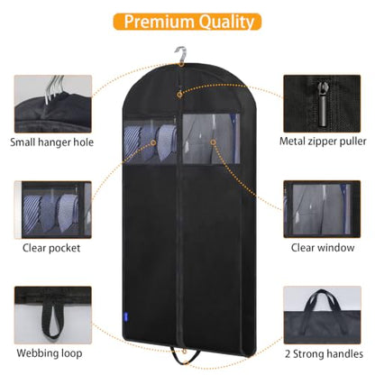 45" Suit Bags for Closet Storage and Travel, Gusseted Garment Bags with Large Back Pocket for Hanging Clothes, Suit Cover With Handles for Suits, Tuxedos, Coats, Shirts, Dresses (Black 3Pack)