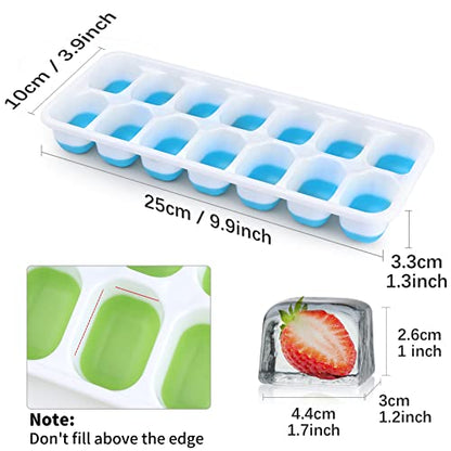 Silicone Ice Cube Tray, 8 Pack Easy-Release & Flexible 14-Ice Cube Trays with Spill-Resistant Removable Lid, Stackable Ice Trays with Covers for Freezer, Cocktail (4 Blue + 4 Green)