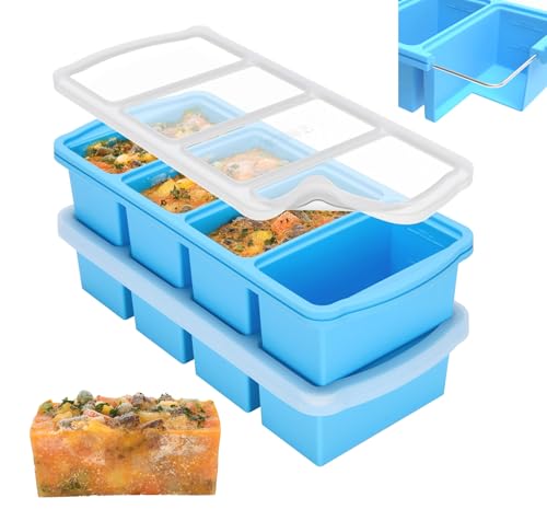 Silicone Freezer Trays with Lid,1-cup Soup Freezer Container large Ice Cube Molds with Reinforced Steel Ring Top for freezing Soup Sauce Broth Leftovers oven Dishwasher -Safe(2-Pack)