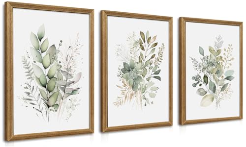 WRFON Framed Sage Green Botanical Wall Art Set of 3, Watercolor Eucalyptus & Wild Plant Canvas Prints, Minimalist Green Wall Decor for Living Room Bedroom Bathroom, 12x16 Inches
