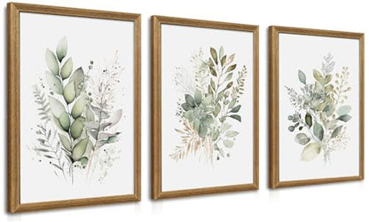 WRFON Framed Sage Green Botanical Wall Art Set of 3, Watercolor Eucalyptus & Wild Plant Canvas Prints, Minimalist Green Wall Decor for Living Room Bedroom Bathroom, 12x16 Inches