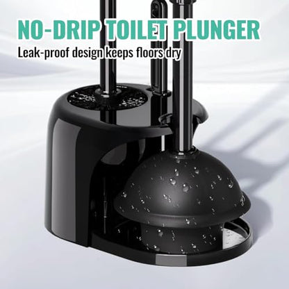 3 in 1 Toilet Brush and Plunger Set with Crevice Cleaning Brush, Toilet Plunger and Brush Set with Extra Long Handle, Plungers for Bathroom Accessories, Toilet Plunger with Holder, Black
