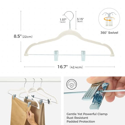 HOUSE DAY Velvet Skirt Hangers with Adjudtable Clips 10 Pack, Ivory | Non Slip Suit Organizer with 360° Hook, Heavy Duty Hanger for Pants, Skirts, Shorts, Outfit Hangers All-Season Space Saver