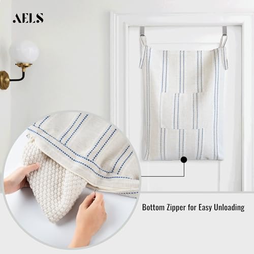 Farmhouse Hanging Laundry Hamper with 2 Hooks, Boho Beige & Blue Stripes Laundry Bag with Zipper & Wide Open Top, Over the Door Organizer for Dirty Clothes, Washable Space Saving Storage