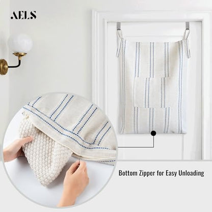 Farmhouse Hanging Laundry Hamper with 2 Hooks, Boho Beige & Blue Stripes Laundry Bag with Zipper & Wide Open Top, Over the Door Organizer for Dirty Clothes, Washable Space Saving Storage