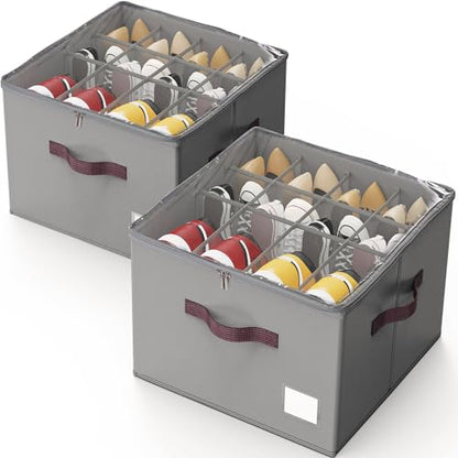 Shoe Organizer for Closet, 2 Pack Shoe Organizer with Transparent Cover and Sturdy Handles, Closet Shoe Storage for Sneakers Sandals Slippers, Fit 12-16 Pairs, Gray