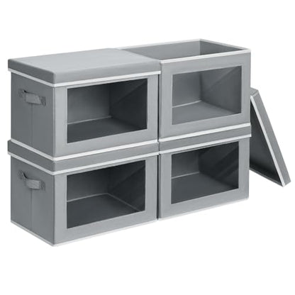 Storage Bins with Lids - Fabric Closet Storage Bins with Window, Collapsible Baskets for Shelves 4 Pack, Home Decorative Boxes for Clothes, Closet, Office, Grey