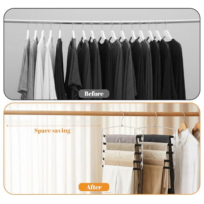 2 Pack 5 Tier Pants Hanger, Multi-Tier Pants Hangers Space Saving, 5-Layer Swing Arm Pant Hanger, Stainless Steel Closet Organizer for Jeans Trousers, Non-Slip Pant Rack for Wardrobe Storage