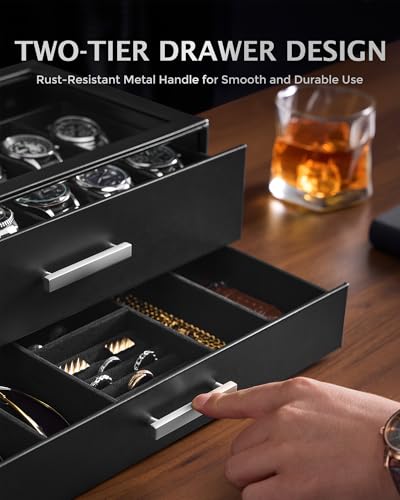 ProCase 12-Slot Watch Case for Men, 2-Tier Pull-Out Drawers Box -Black | Fathers Day Gift for Dad Men with Display Clear Top Lid, Jewelry Sunglasses Storage Organizer, Anniversary Birthday Gifts