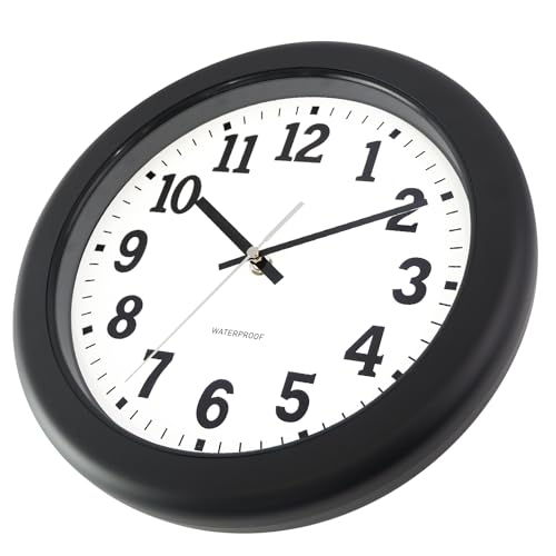 Caysie 12 Inch Sealed Indoor Outdoor Clock Waterproof, Silent Battery Operated Weatherproof Wall Clocks for Pool Patio Outside Home (Black)
