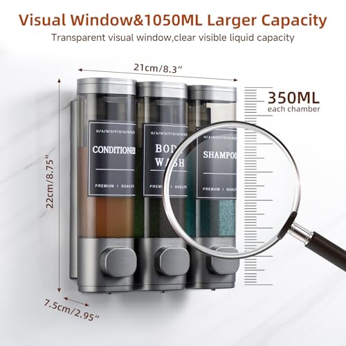Shampoo and Conditioner Dispenser,Shower Soap Dispenser 3 Chamber No Drill Wall-Mounted Shampoo Dispenser for Shower Wall Mounted Shower Dispenser for Bathroom Hotel Large Capacity,Dark Gray1