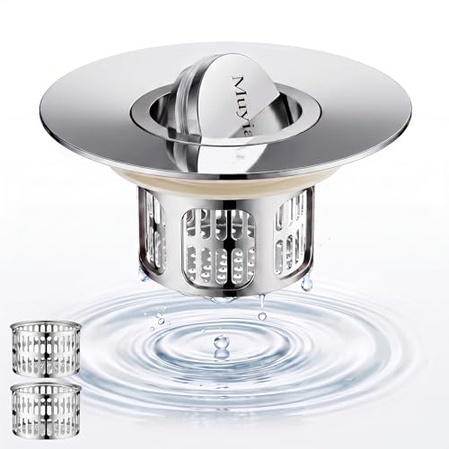 1.4"-2.6" Flip-Cover Bathtub Drain Stopper, 2 Strainers（1,Silver） | Flush-fit tool-free drain hair catcher, no springs, rustproof. Press to seal/drain, stops puddles. Durable