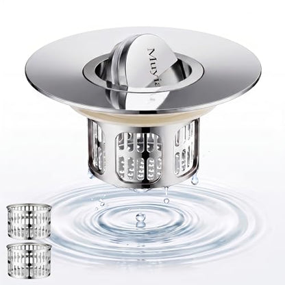 1.4"-2.6" Flip-Cover Bathtub Drain Stopper, 2 Strainers（1,Silver） | Flush-fit tool-free drain hair catcher, no springs, rustproof. Press to seal/drain, stops puddles. Durable