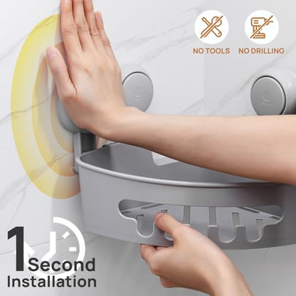 Corner Shower Caddy Suction Cup, Shower Basket Suction Bathroom | Grey Shower Caddies, Waterproof & Rustproof Bathroom Organizer, No-Drilling Shower Rack, Removable