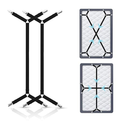 Bed Sheet Holder Straps, Adjustable Elastic, 2pcs Set, Black | Nickel Clamps, Fabric Protectors, Crisscross Design Keeps Sheets Tight, Fits All Mattress Sizes