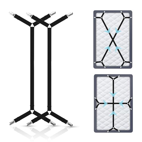 Bed Sheet Holder Straps, Adjustable Elastic, 2pcs Set, Black | Nickel Clamps, Fabric Protectors, Crisscross Design Keeps Sheets Tight, Fits All Mattress Sizes