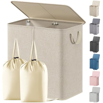Lifewit Double Laundry Hamper with Lid and Removable Laundry Bags, Large Collapsible 2 Dividers Dirty Clothes Basket with Handles for Bedroom Laundry Room Closet Bathroom College, 136L Beige