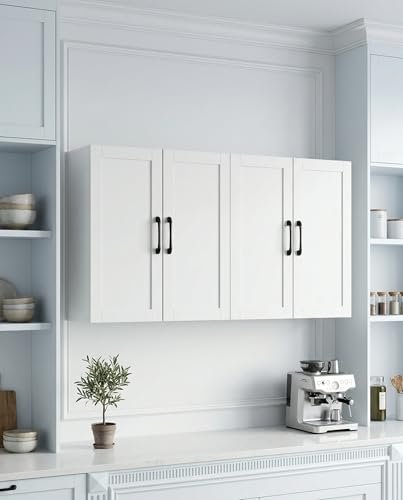 Wall Cabinet with Adjustable Shelves, Laundry Room Cabinet with 4 Doors, Kitchen Storage Cupboard Cabinet, Wall Mount Medicine Cabinet for Bathroom, Living Room, White