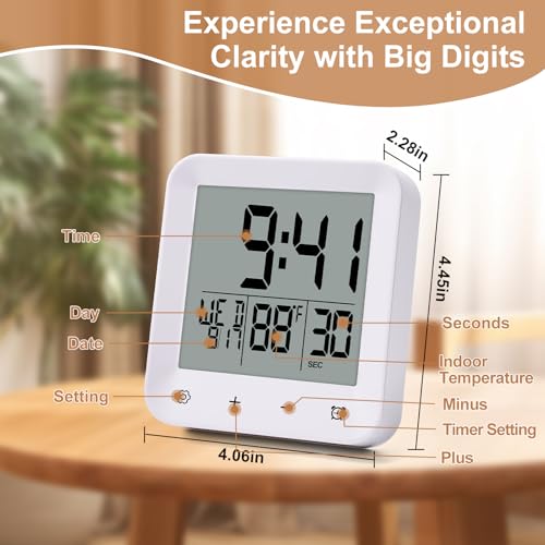 XINKORA Waterproof Shower Clock with Timer, Bathroom Wall Clock Displaying Temperature, Date & Day, Battery Operated LCD Digital Clock for Bath, Kitchen (White)