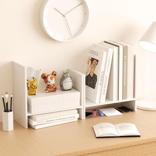 Desk Shelves Wood Desktop Orgnizer Shelf. Office Organization for Top of Desk Organizers and Accessories Bookshelf Shelving,Adjustable Tier H-Shape Mini Bookcase(White)