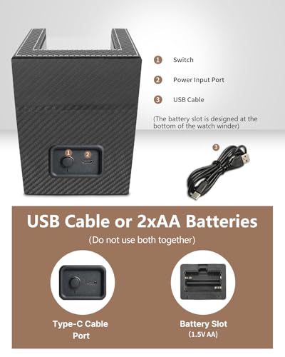 Watch Winder for Automatic Watches: Automatic Single Watch Winder Box | Japanese Quiet Motor, Anti-Magnetic Design, USB-C or Battery Power, Adjustable Pillow, Black Carbon Fiber, Gift for Men