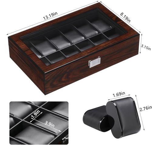BEWISHOME Watch Case, 12-Slot Watch Box Organizer with Large Glass Lid | Watch Cases for Men, Wooden Watch Boxes, Removable Watch Pillows, Watch Storage, Synthetic Leather Interior, Brown SSH12Y