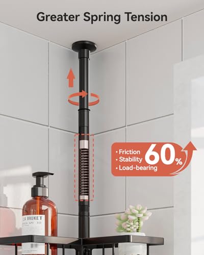 Corner Shower Caddy Tension Pole, 25.7-109.1in Adjustable Shower Shelves, Rust-Resistant Shower Organizer, No-Drill 3-Step Installation, Bathroom Shelves for Renters & Family, Black
