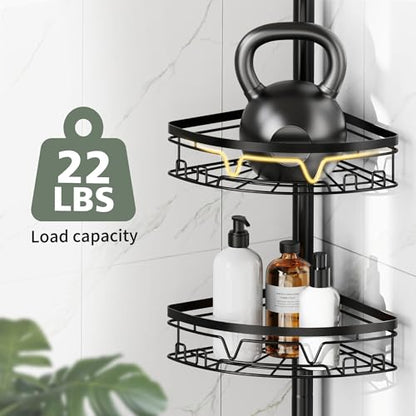 KEGII Corner Shower Caddy Tension Pole, Fan-Shaped Large Capacity Organizer | Towel Bar, Hooks and Razor Holder, Adjustable 52-114.2 inch Rustproof Steel Pole for No Drill Bathroom Storage