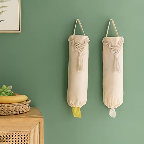 Mkono Plastic Grocery Bag Holder 2 Pack Medium Macrame Boho Trash Dispenser | Kitchen Camper Decor, Cotton Woven Hanging Storage, Shopping Cloth Organizer, Recycle Pantry Laundry Room Use, Space Saving