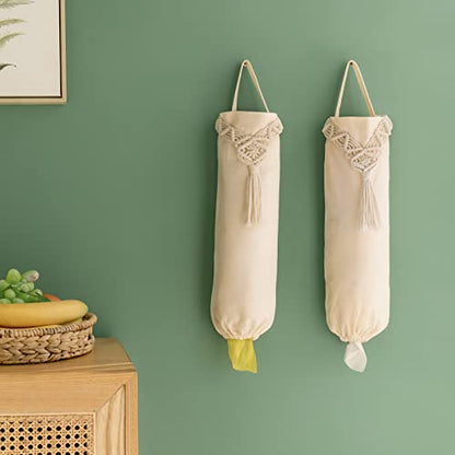 Mkono Plastic Grocery Bag Holder 2 Pack Medium Macrame Boho Trash Dispenser | Kitchen Camper Decor, Cotton Woven Hanging Storage, Shopping Cloth Organizer, Recycle Pantry Laundry Room Use, Space Saving