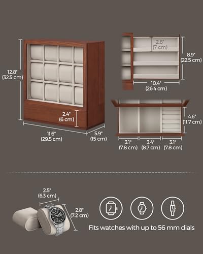 SONGMICS Watch Box 12-Slot Watch Display Case with Window | Solid Wood Veneer, Velvet Lining, Vertical Storage, Space Saving, Gift Idea, Coffee Brown, UJOW014K01