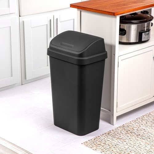 Sterilite Swing Top Wastebasket, Trash Can, 13 Gallon, Black, 4-Pack | Sleek Square Profile Modern Garbage Bin for Kitchen, Bathroom, Garage and Workspace, Fits 13 Gal Liners