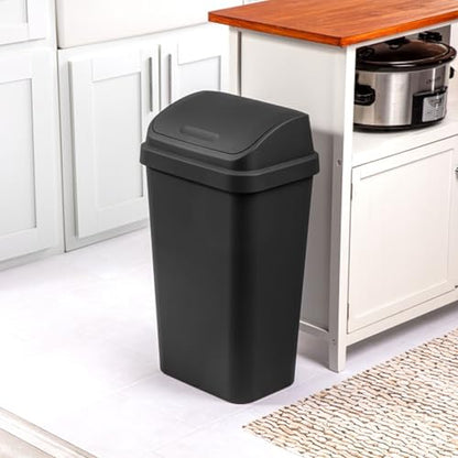 Sterilite Swing Top Wastebasket, Trash Can, 13 Gallon, Black, 4-Pack | Sleek Square Profile Modern Garbage Bin for Kitchen, Bathroom, Garage and Workspace, Fits 13 Gal Liners