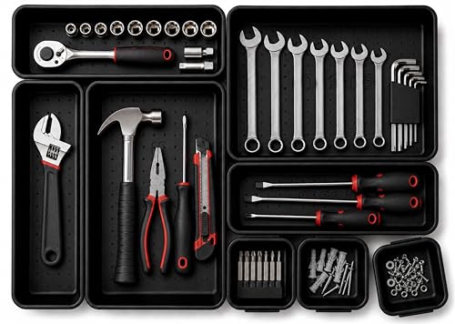 Masirs Interlocking Drawer Organizer Bins 8 Pcs, Desk Drawer Tray Set | Tool Box Organizer Tray, Kitchen Office Garage, Modular Plastic, 3 Sizes (2 Lg 3 Med 3 Sm), Black, Custom Layout
