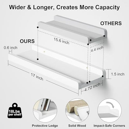 Love-KANKEI 17" White Floating Wall Shelves with Lip,Solid Wood,Set of 2 | Protective Ledge,Easy to Install,For Bedroom Living Room Bathroom Kitchen Office,Nursery Display,18 Lbs/shelf,Wall Decor