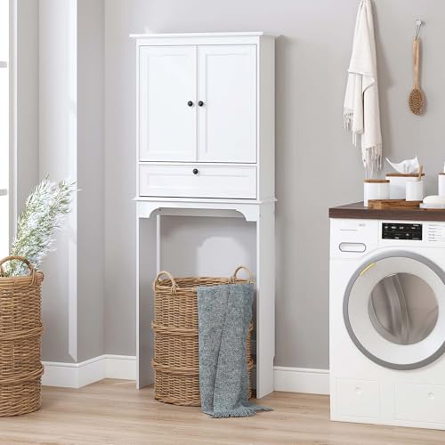 Spirich Bathroom Over the Toilet Storage Cabinet with Tilt-Out Cube, White | Space-saving Organizer for Small Bathrooms, Doors Conceal Clutter, Adjustable Shelf, Anti-Tip Device, Engineered Wood