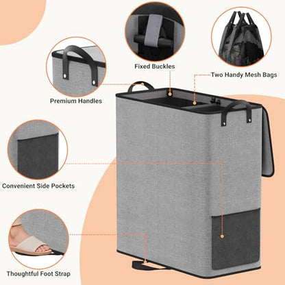 136L 2 Section Laundry Hamper with Lid, Laundry Basket, Gray | Large Laundry Hampers with Reinforced Handles & Removable Bags, Tall Dirty Clothes Hamper for Laundry Room, Bedroom, Bathroom