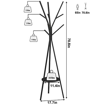 HOME BI Coat Rack Hat Stand Free Standing Display Hall Tree Metal Hat Hanger Garment Storage Holder with 9 Hooks for Clothes Hats and Scarves in Black,17.72" Wx17.72 Dx70.87 H (Black)