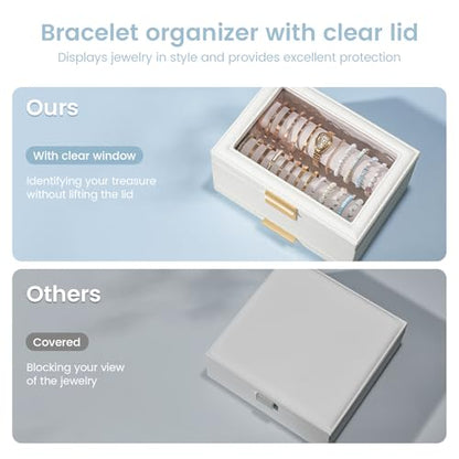 Lolalet Bracelet Holder Organizer with Clear Lid -White | Jewelry Display Box with Drawer, Fits Bangles, Bracelets & Watches, Great Gift for Her