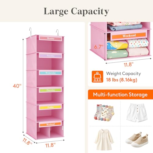 Lifewit 6 Shelf Weekly Hanging Clothes Storage Organizer for Kids, Pink | Closet Storage with Color Labels for School Outfits, Daily Clothing Divider with Days of The Week Monday to Friday Weekend