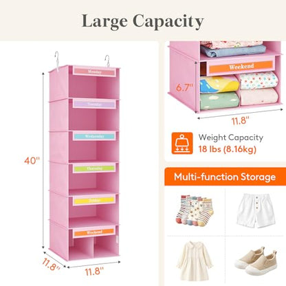 Lifewit 6 Shelf Weekly Hanging Clothes Storage Organizer for Kids, Pink | Closet Storage with Color Labels for School Outfits, Daily Clothing Divider with Days of The Week Monday to Friday Weekend